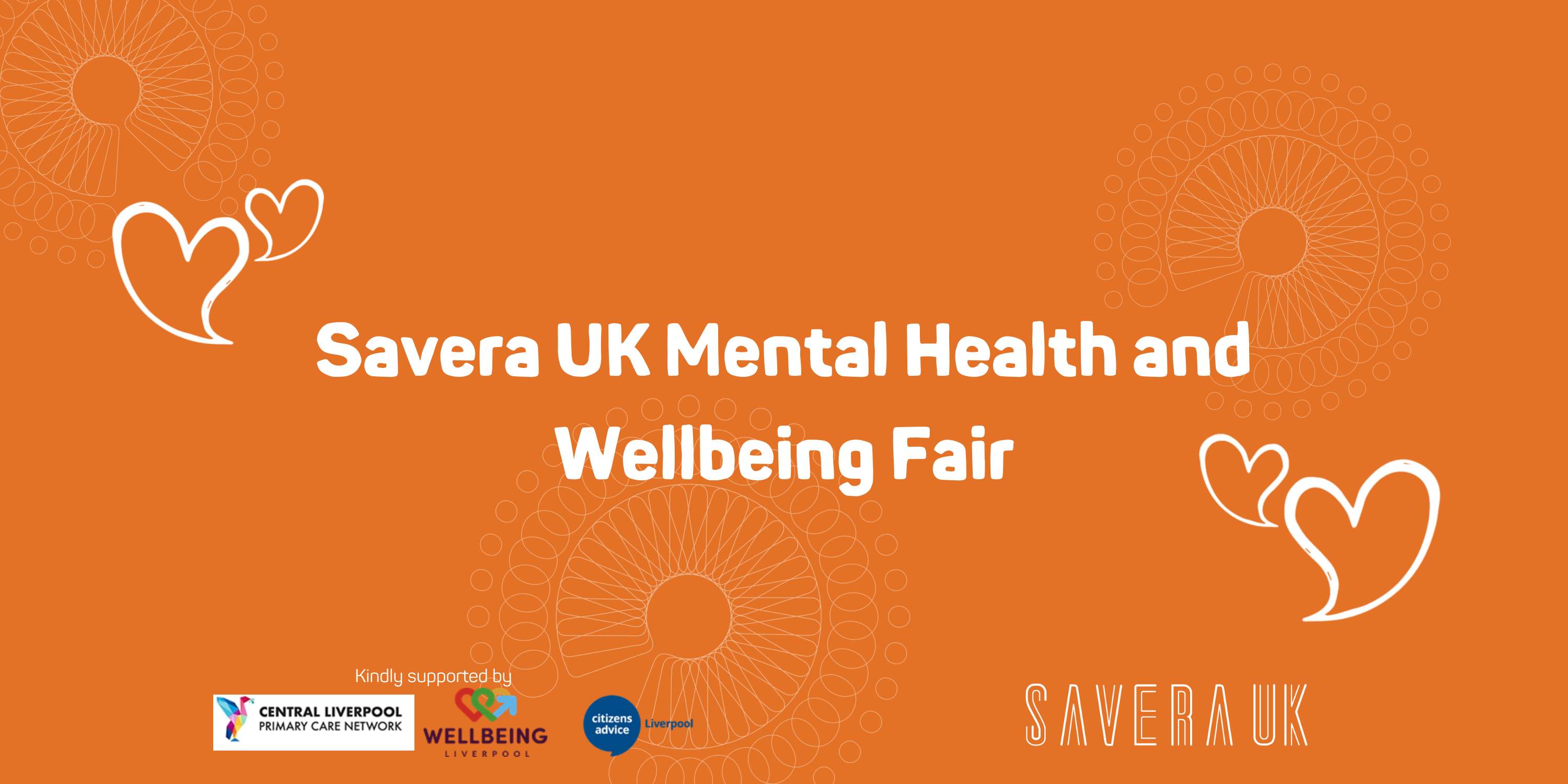 Test reads Savera UK Mental Health and Wellbeing Fair against an orange background